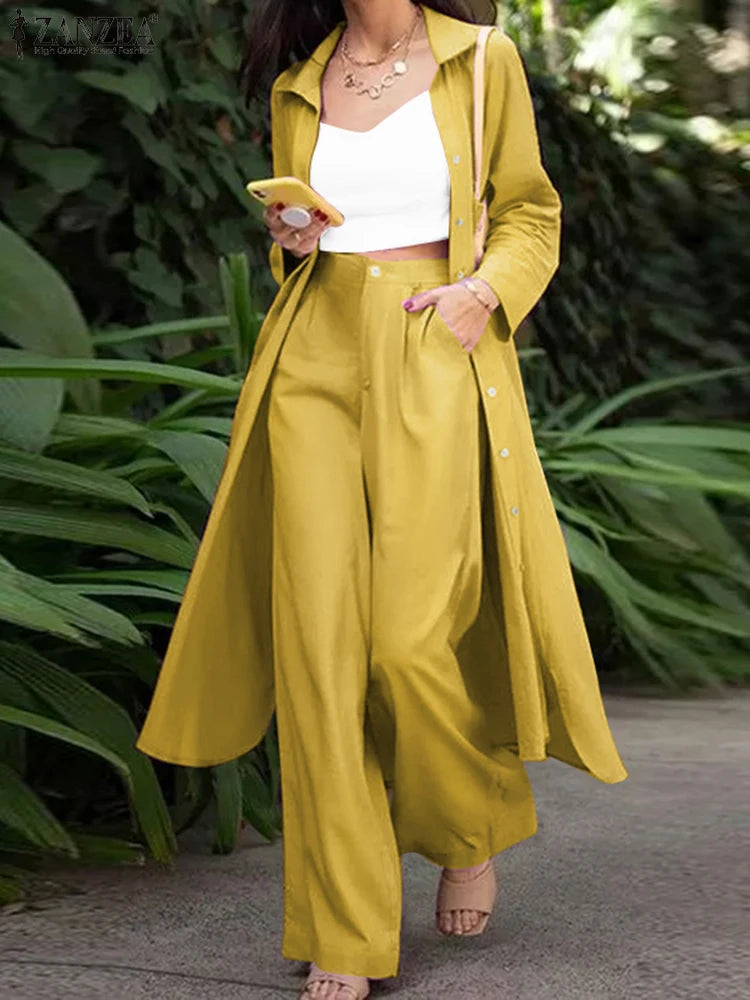 Women's Two Piece Pant Set With Wide Leg Pants And Long Sleeve Shirt