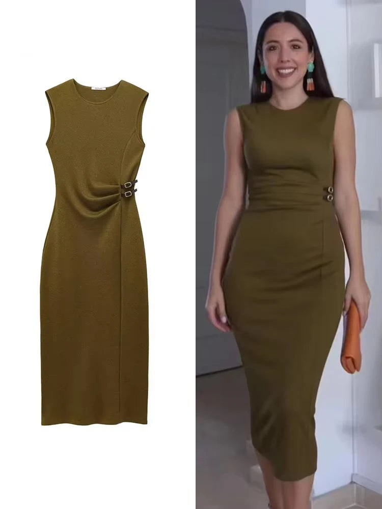 Womens Pleated Midi Dress Sleeveless O Neck Party Dress