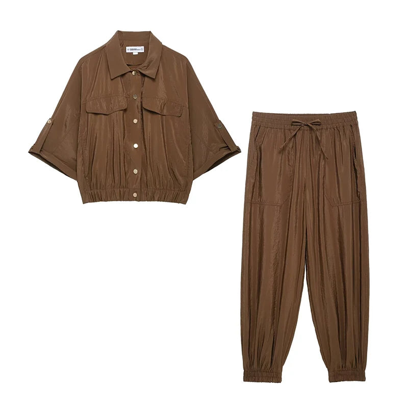 Stylish Women’s Chic Two Piece Set Brown Single Breasted Shirt with Vintage Elastic Waist Trousers from Willshela.