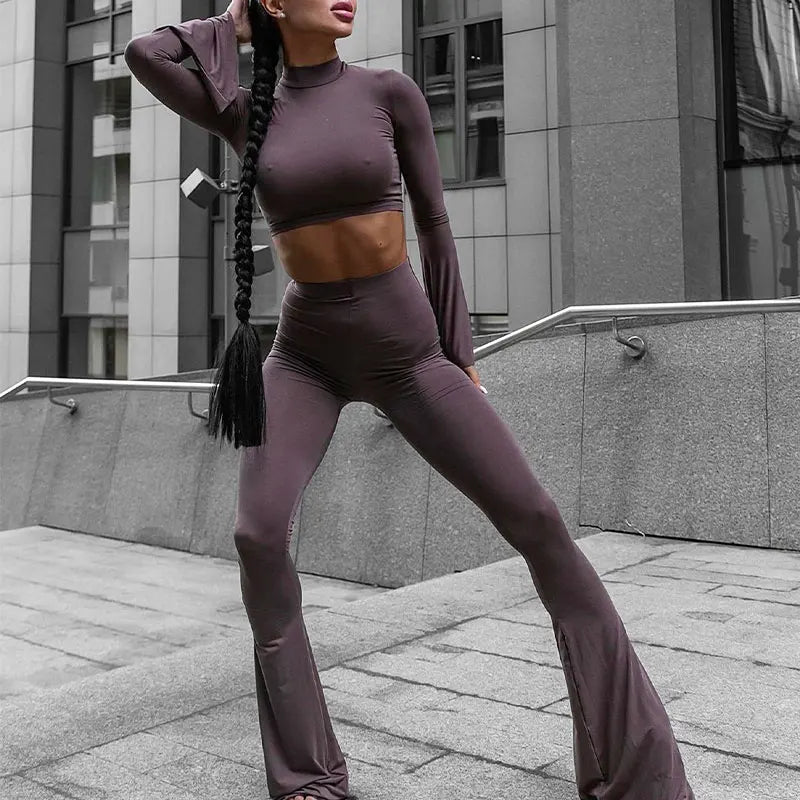 Stylish Women’s Autumn Winter 2 Piece Set Slim Casual Trousers and Half High Collar Long Sleeve Tee for streetwear fashion.