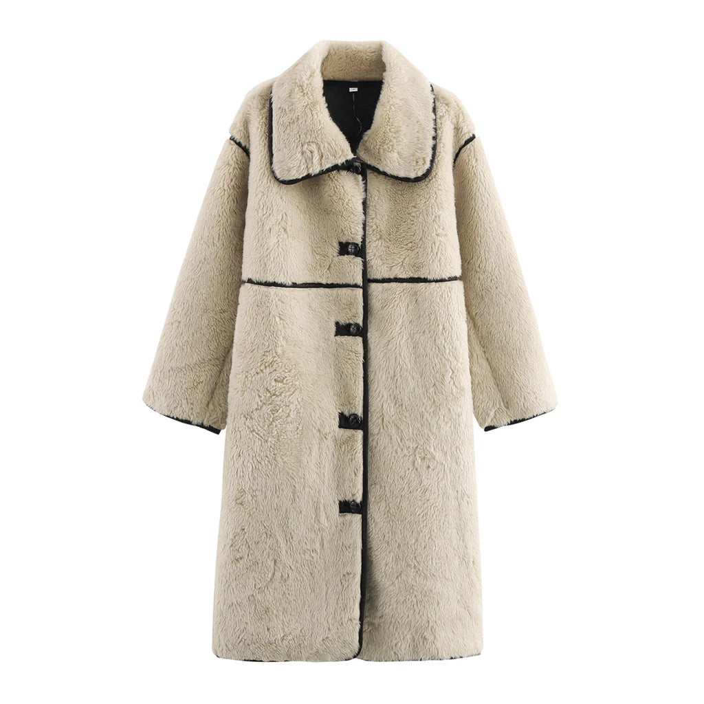 Womens Plush Long Coat With Big Collar Single Breasted