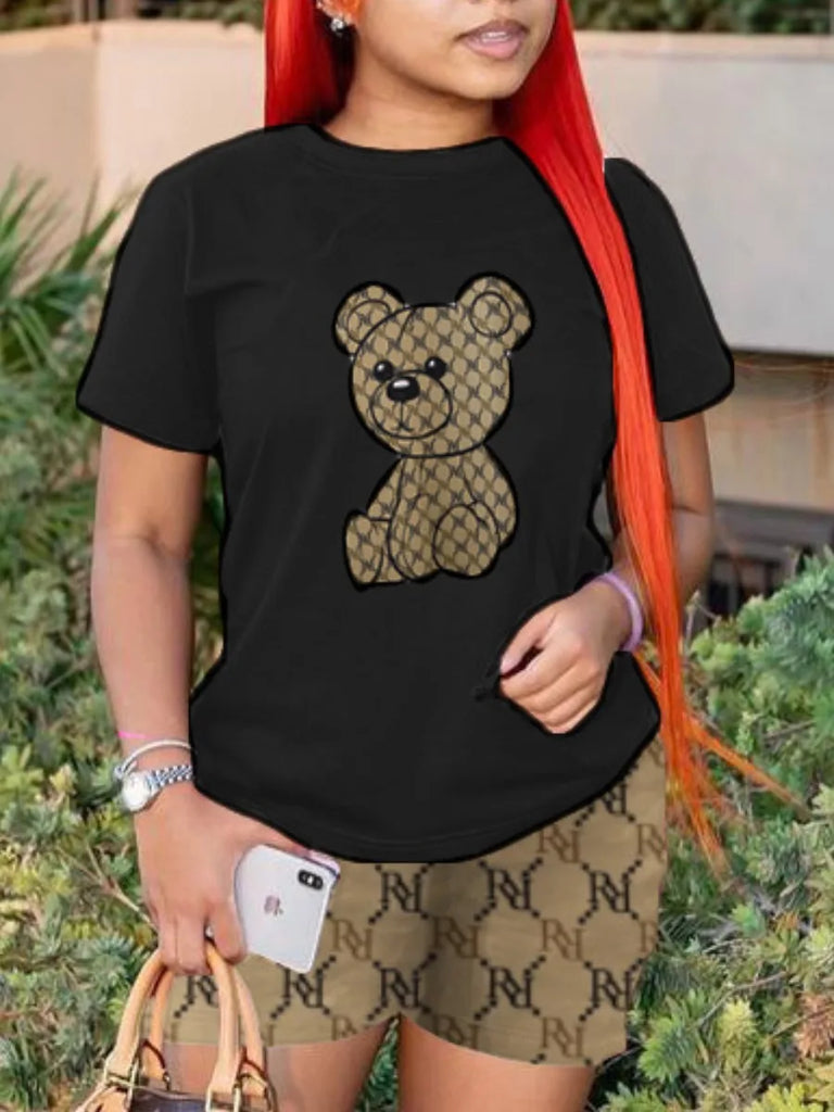 Stylish Geometric Bear Print Two-Piece Set with O Neck T-Shirt and Mixed Print Hipster Shorts for Women and Men.
