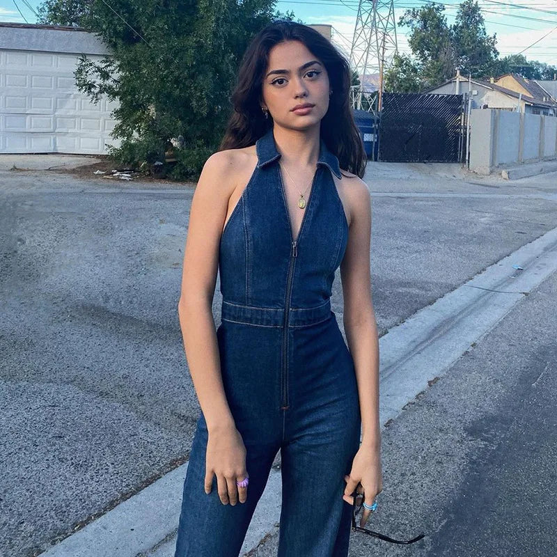 Stylish and comfortable, the Elegant Denim Jumpsuit for Women V-Neck Zipper Sleeveless Bell Bottom is perfect for summer parties.
