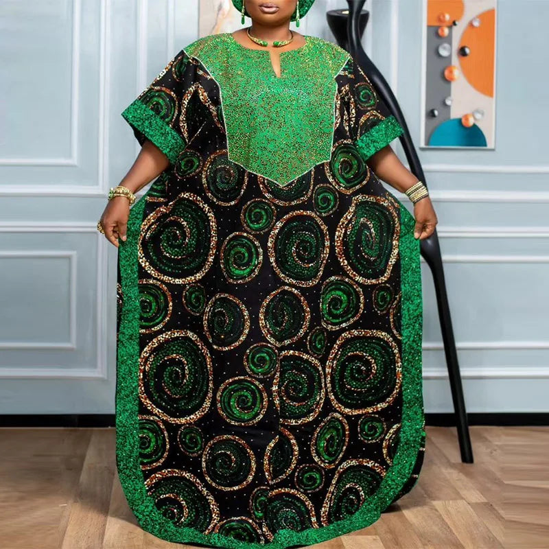 Bohemian Maxi Dress With Printed V Neck Bat Sleeve Casual