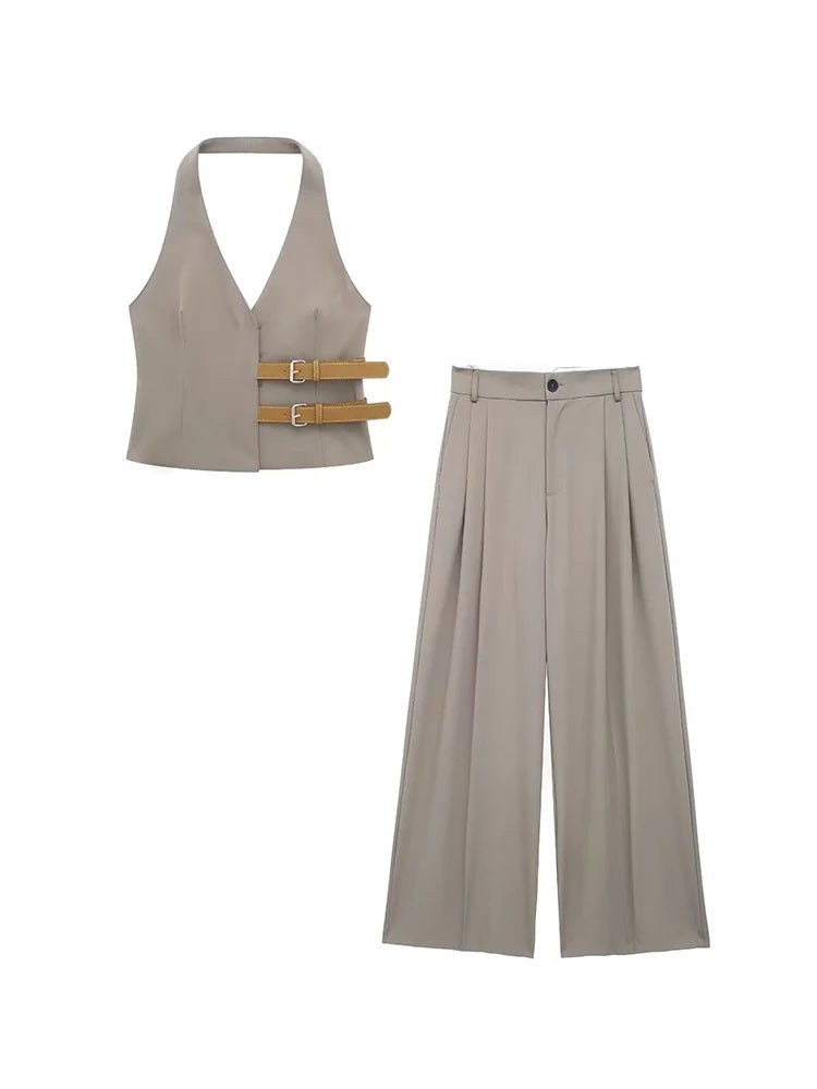 Women’s Sleeveless V-Neck Belted Vest with Pleated High-Waisted Wide Leg Pants Vintage Inspired Solid Neck Collar Two-Piece Suit