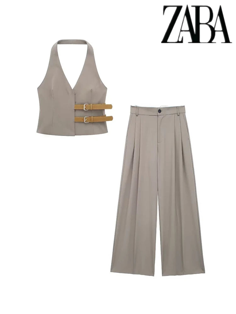 Stylish Women's Vintage Belted Sleeveless V-Neck Vest and High Waisted Wide Leg Pants Suit by ZABA for versatile fashion.