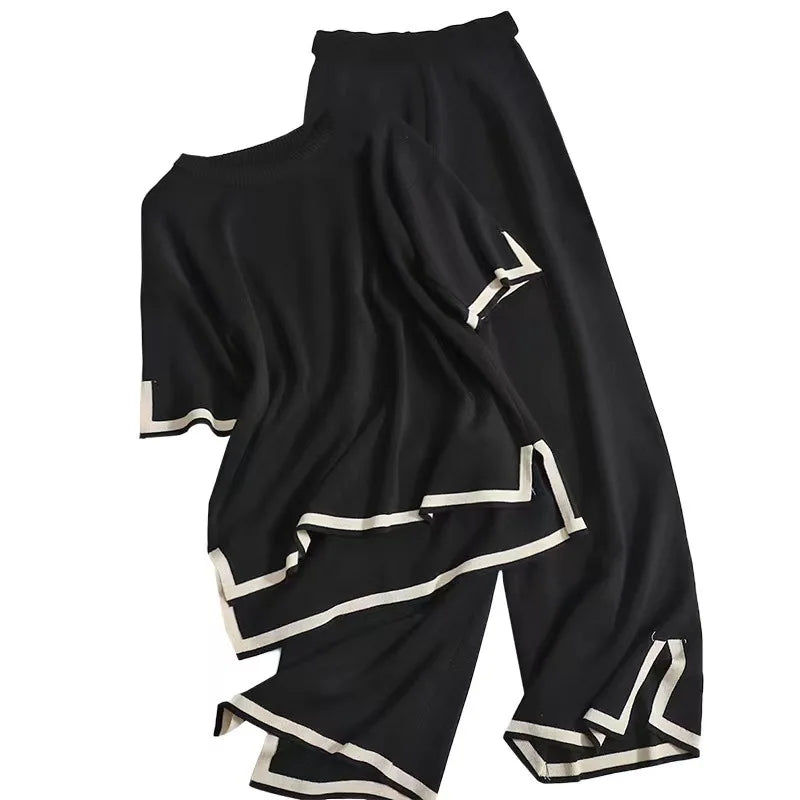 Stylish Spring Women Pullover Pant Set Casual Color Block Knitted Sweater Suits with elegant loose fit and elastic tops.