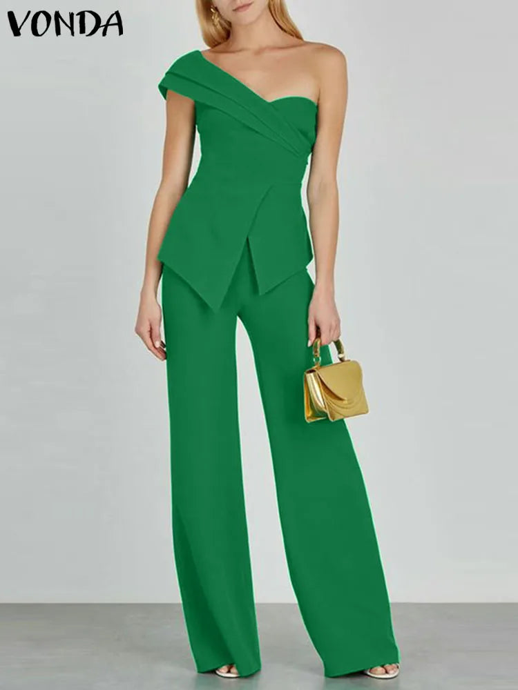 Women Elegant Two Piece Pant Set Sleeveless Skew Collar Top And Long Pants Solid Color Office Casual Outfit