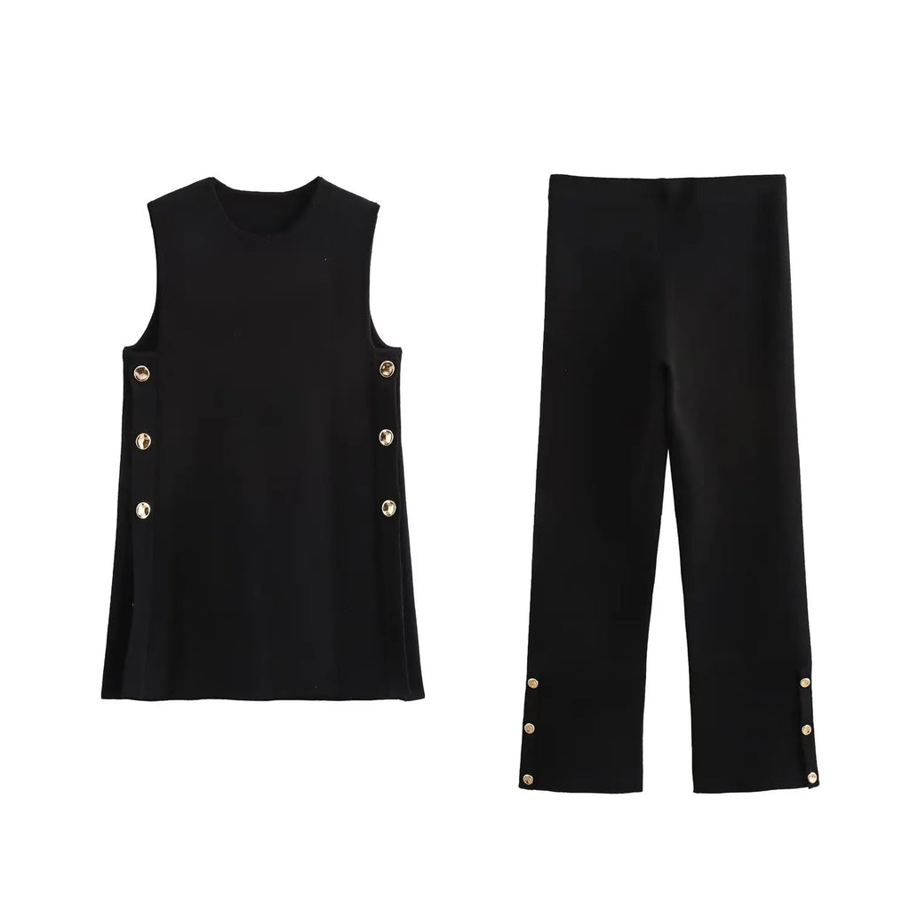 Elegant Sleeveless Dress and Vest Skirt Two-Piece Set with Stylish Long Pants for Modern Women, perfect for a polished look.