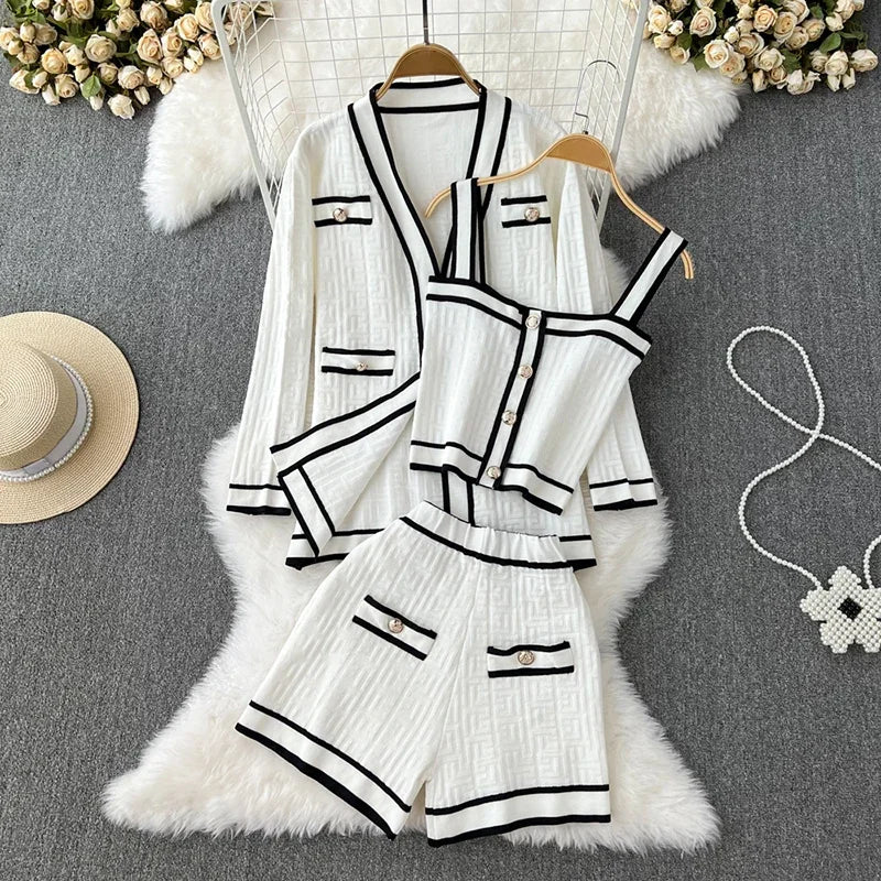 Stylish Women’s Three Piece Set V-Neck Button-Up Cardigan with Tank Top and High Waist Shorts for a chic fall look.