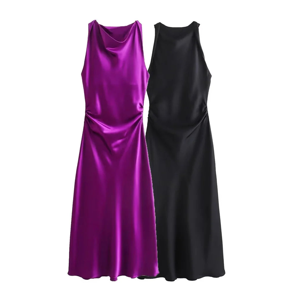 Elegant Sleeveless Satin Midi Dress For Women Slim Fit