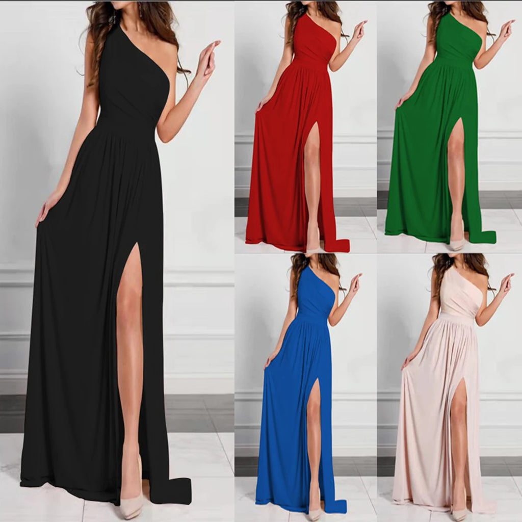 One Shoulder Slit Maxi Dress Elegant Evening Gown For Women