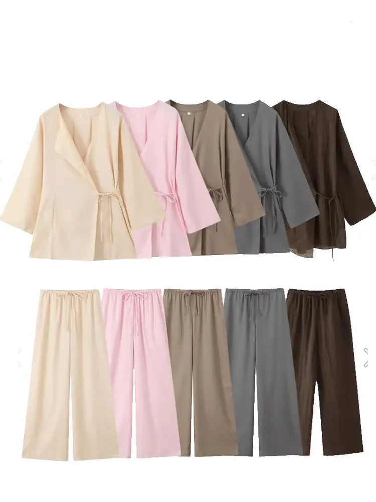 Stylish Women’s Summer Linen Two-Piece Set Lace-Up Cardigan Kimono Top with High-Waist Pleated Pants in various colors.
