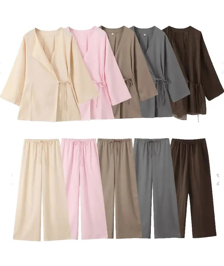 Stylish Women's Summer Linen Cardigan Kimono Top with High-Waist Pleated Pants Suit in various colors for warm weather.