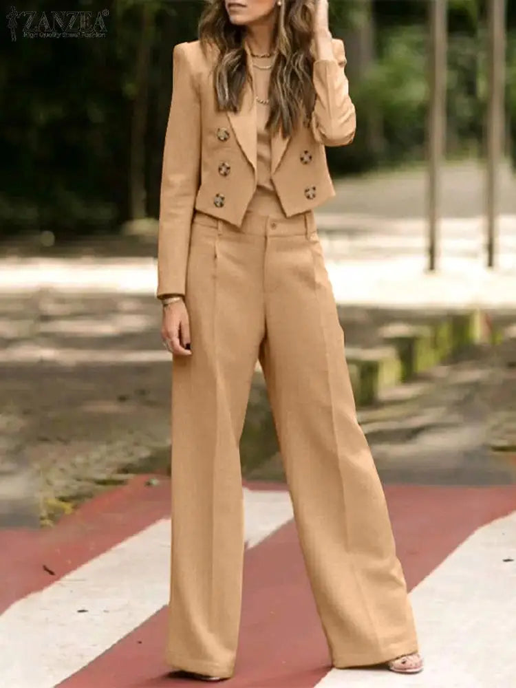 Autumn Women Blazer Pants Set 2 Piece Wide Leg Trousers Lapel Jacket Office Suit
