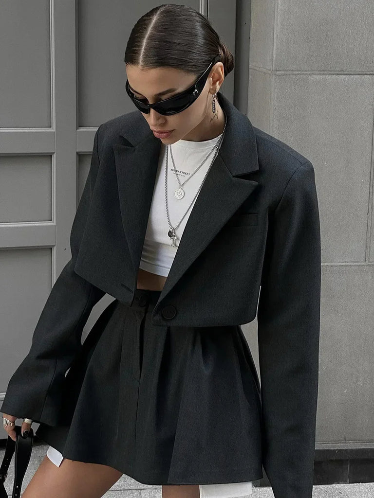 Women Crop Blazer and Pleated Mini Skirt Two Piece Set