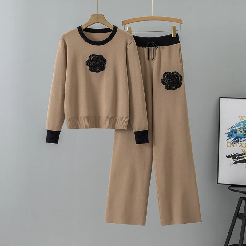Women's Knitted Pants Set With O Neck Pullover Loose Wide Leg High Waist Pants For Autumn And Winter