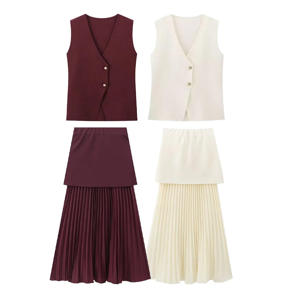 V Neck Knitted Vest and Patchwork Skirt Set For Autumn