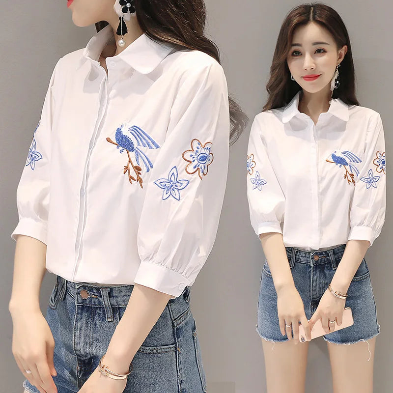 Embroidered Five-Point Sleeve Summer Shirt for Women, a lightweight lapel top with elegant style and versatile temperament.