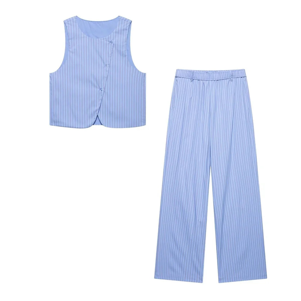 Womens Light Blue Pinstripe Suit Set Sleeveless Asymmetric Vest and Wide Leg Pants Stylish Office Outfit by PB&ZA.