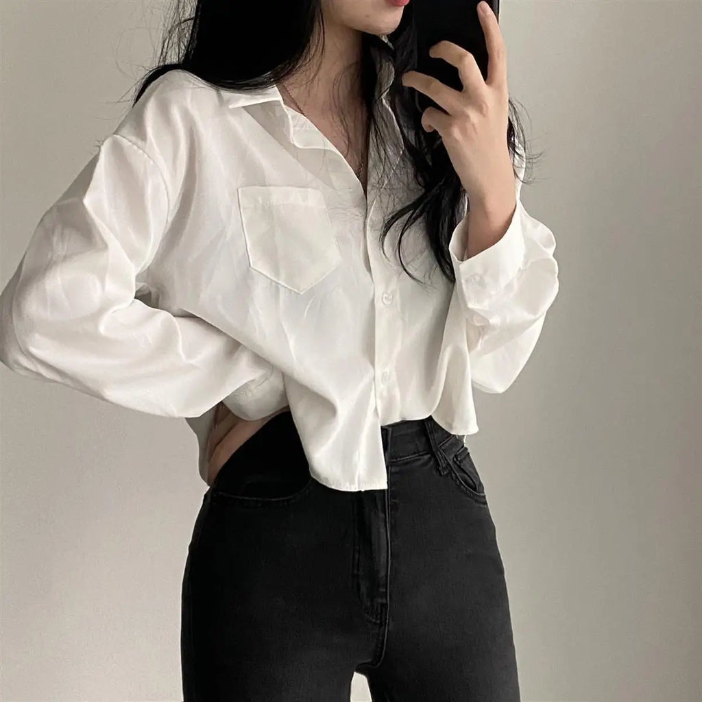Stylish Single Breasted Loose Fit Casual Long Sleeve Shirt Blouse in white, ideal for office elegance and comfort.