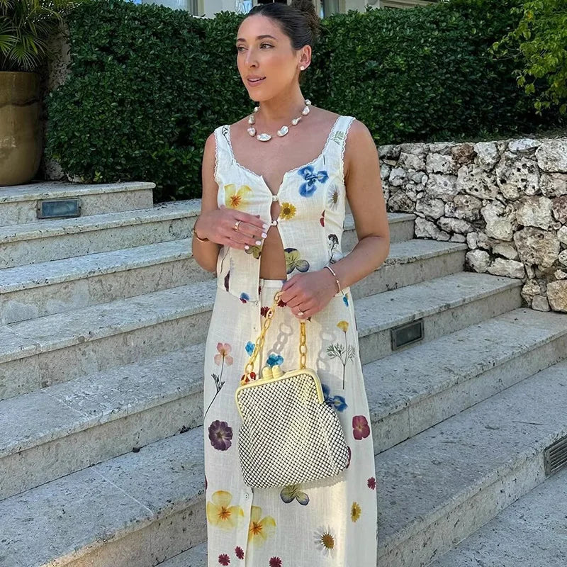 Women Lace Up Top And A Line Midi Skirt Two Piece Set