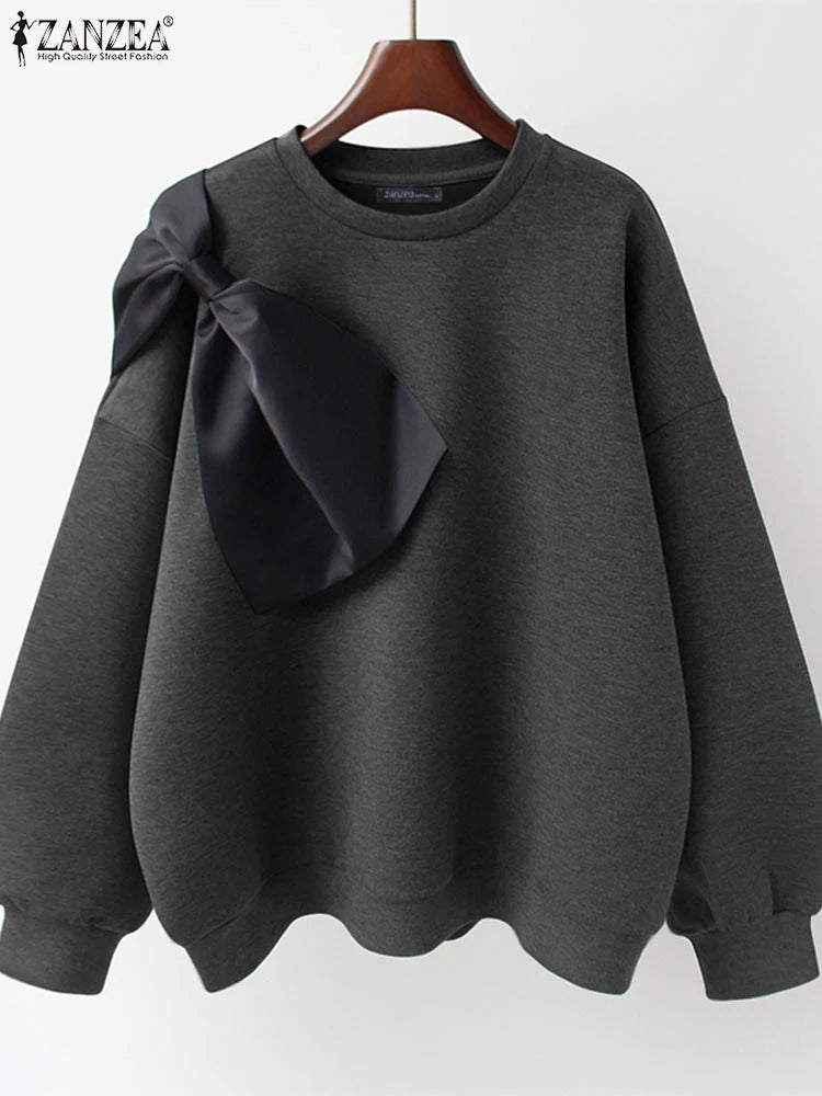 Womens Winter Sweatshirt With Bow Knot Round Neck Pullover