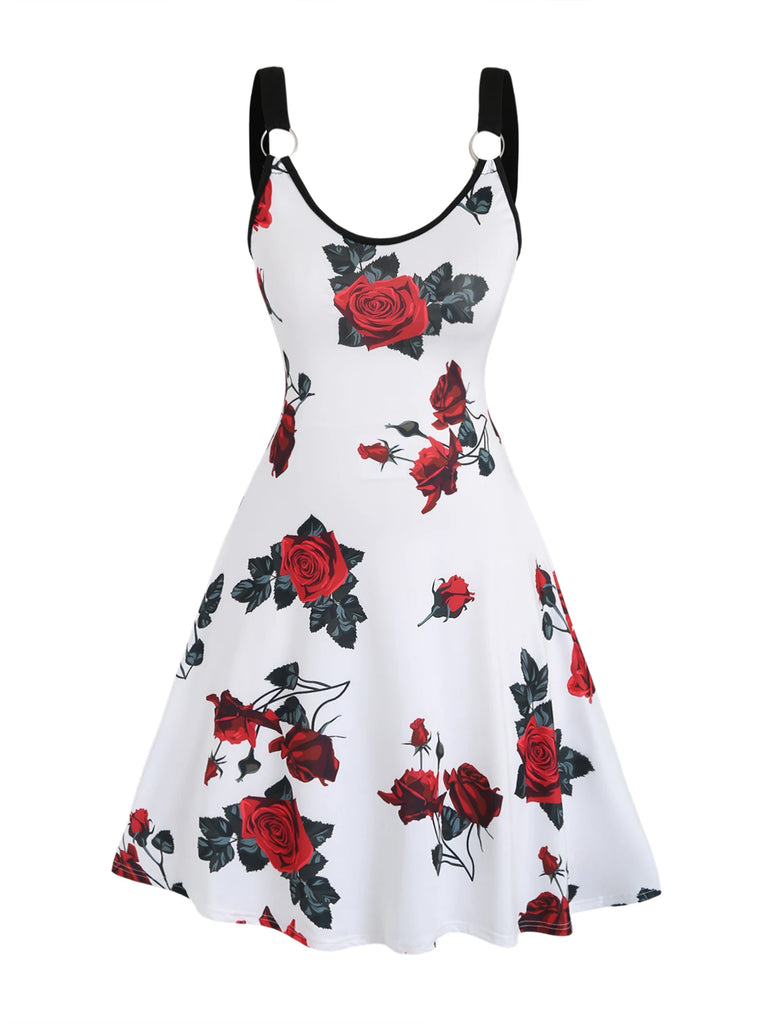 Plus Size Rose Print Suspender Dress For Spring And Summer