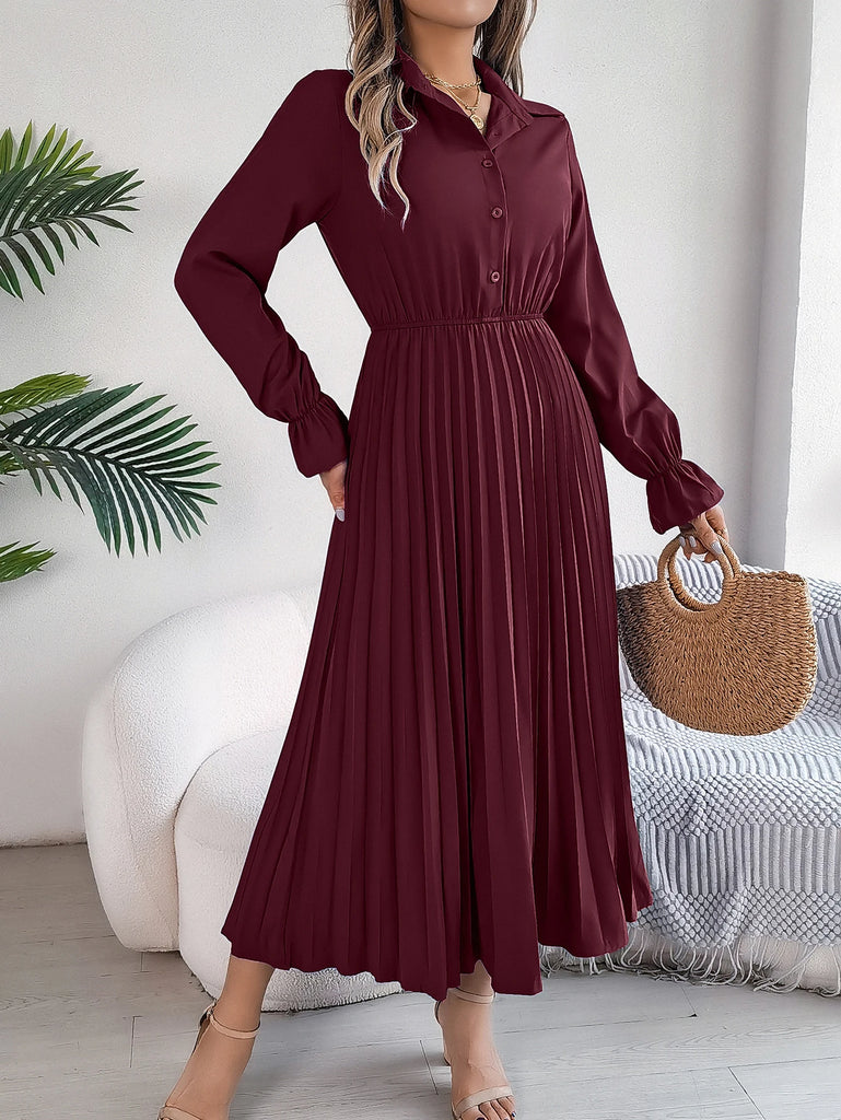 Solid Color Polo Neck Pleated Long Sleeve Dress For Women