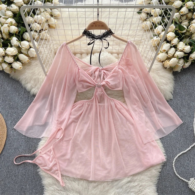 Two Piece See Through Mesh Lingerie Set Hollow Out Dress