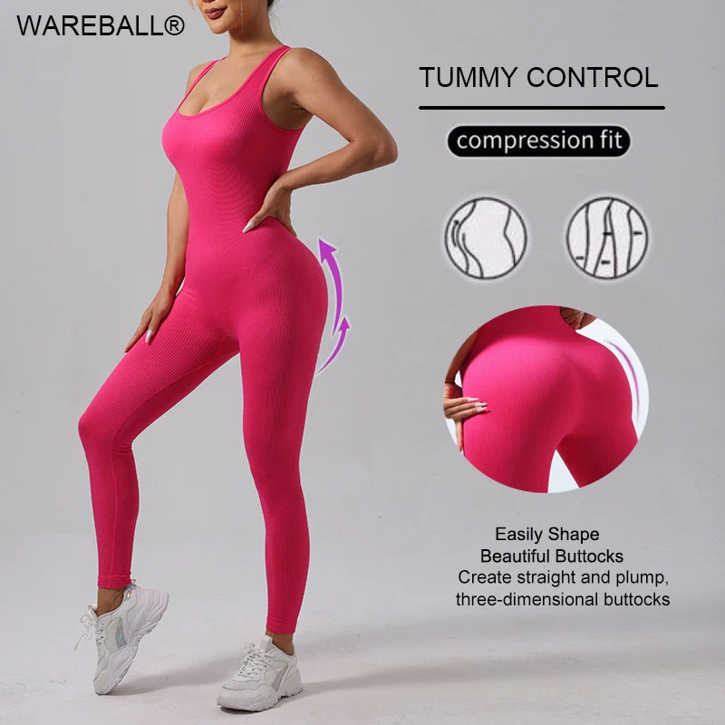 Stylish WAREBALL Seamless High Stretch Yoga Jumpsuit for Women, lightweight, breathable activewear with moisture-wicking fabric.