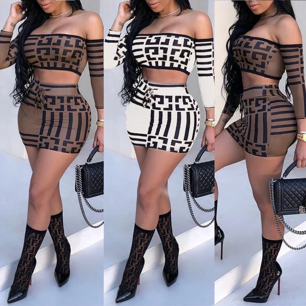Two Piece Sexy Women’s Printed Dress Set with Long Sleeves Slim Fit One Line Collar and Elegant Mini Skirt for Summer Party and Clubwear