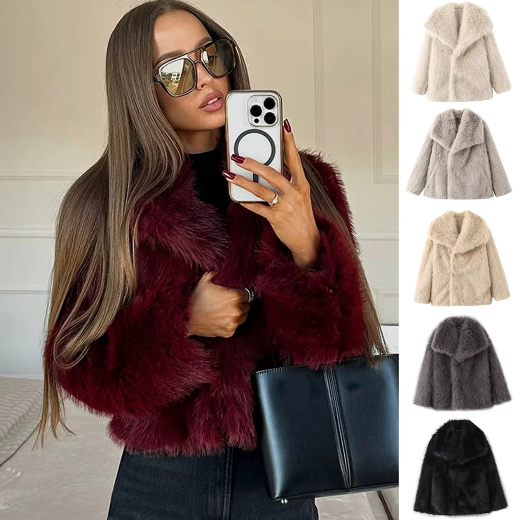Women's Brown Faux Fur Jacket With Large Lapel Warm