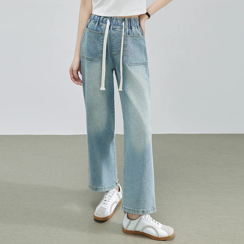 Blue Denim Jeans For Women Bleached High Waisted Wide Leg