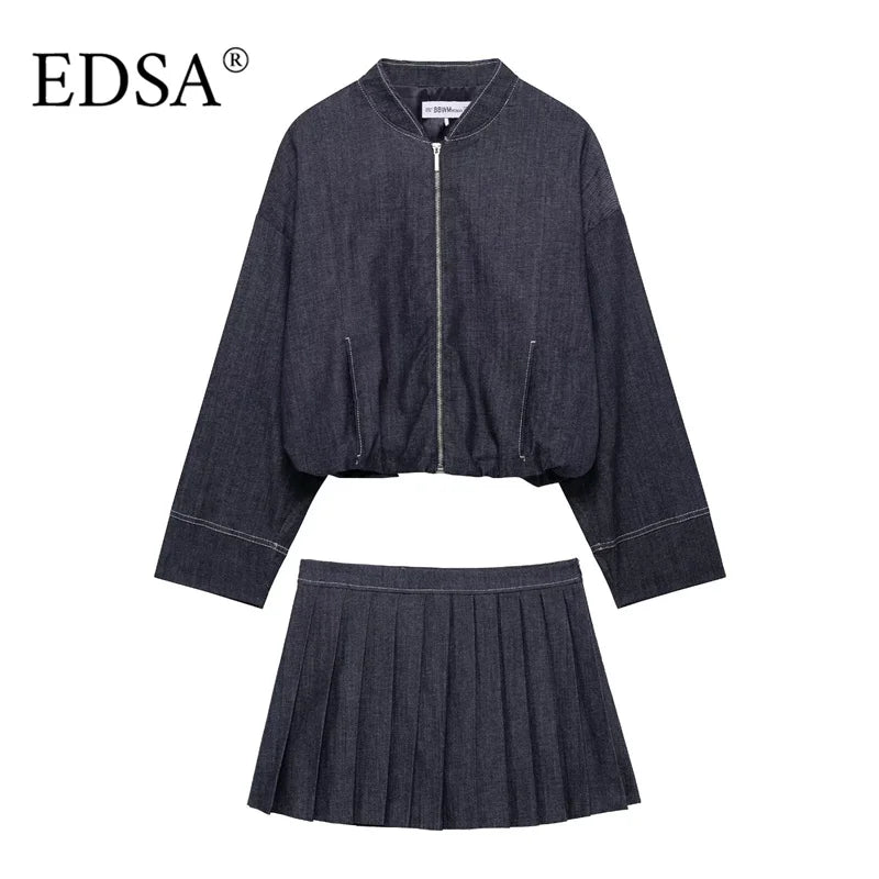 Stylish Women’s Denim Shorts Set with High Neck Bomber Jacket and Pocketed Pleated Skort by EDSA for casual chic looks.