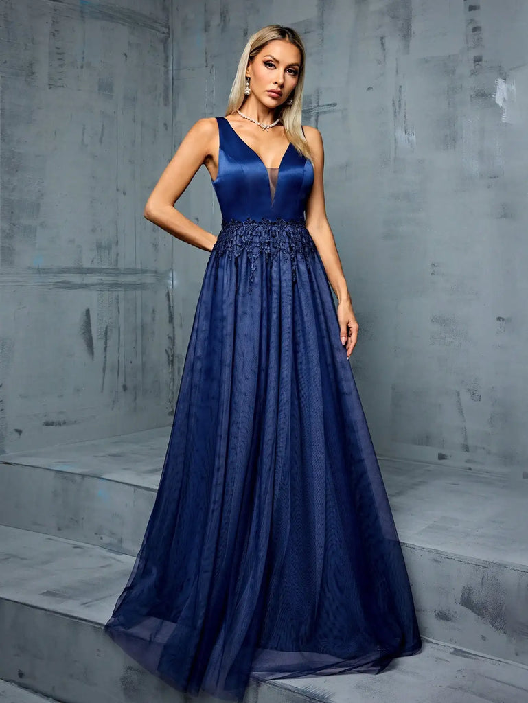 V-Neck Satin Patchwork Mesh Evening Gown With Lace Fringe