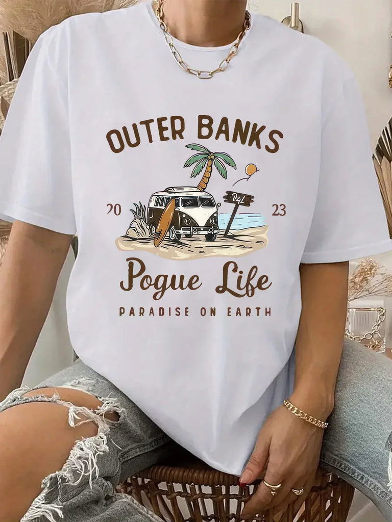 Casual Short Sleeve Outer Banks Print Graphic T-Shirt for Women Aesthetic Y2K Style