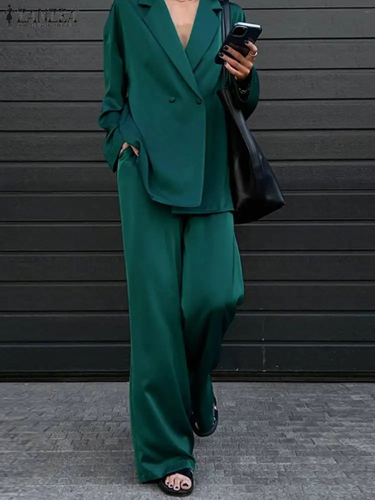 Women Blazer And Wide Leg Pants Set For Work And Casual Wear Loose Fit Two Piece Office Ensemble With Notched Lapel