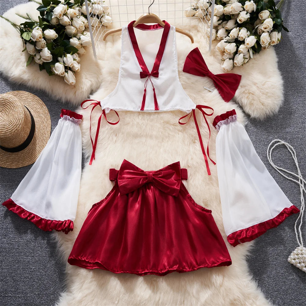 Chiffon Hotsweet Women’s Secret Lingerie Set V-Neck Slim Crop Top with Pleated Mini Skirt Erotic Nightwear Ensemble