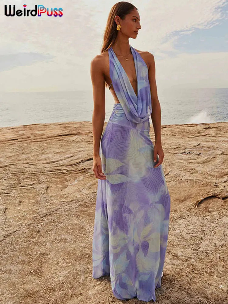 Backless Halter Two Piece Set With Tie Dye Skirt Mesh