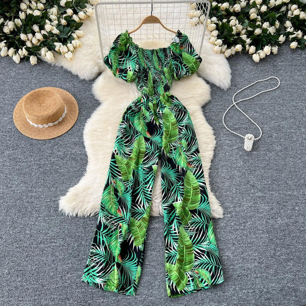 Chic Square Neck Loose Pleated Jumpsuit with Ruffles Backless Design, featuring elegant wide leg long pants for women.