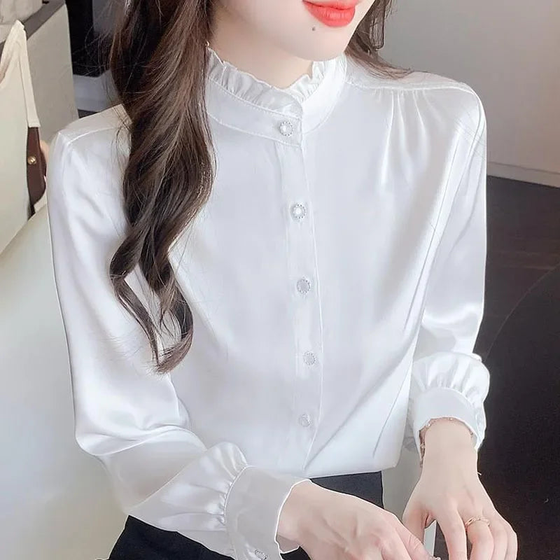 Chic Women's Elegant Long Sleeve Chiffon Blouse with Stand Collar Lightweight White Shirt Top, perfect for any occasion.