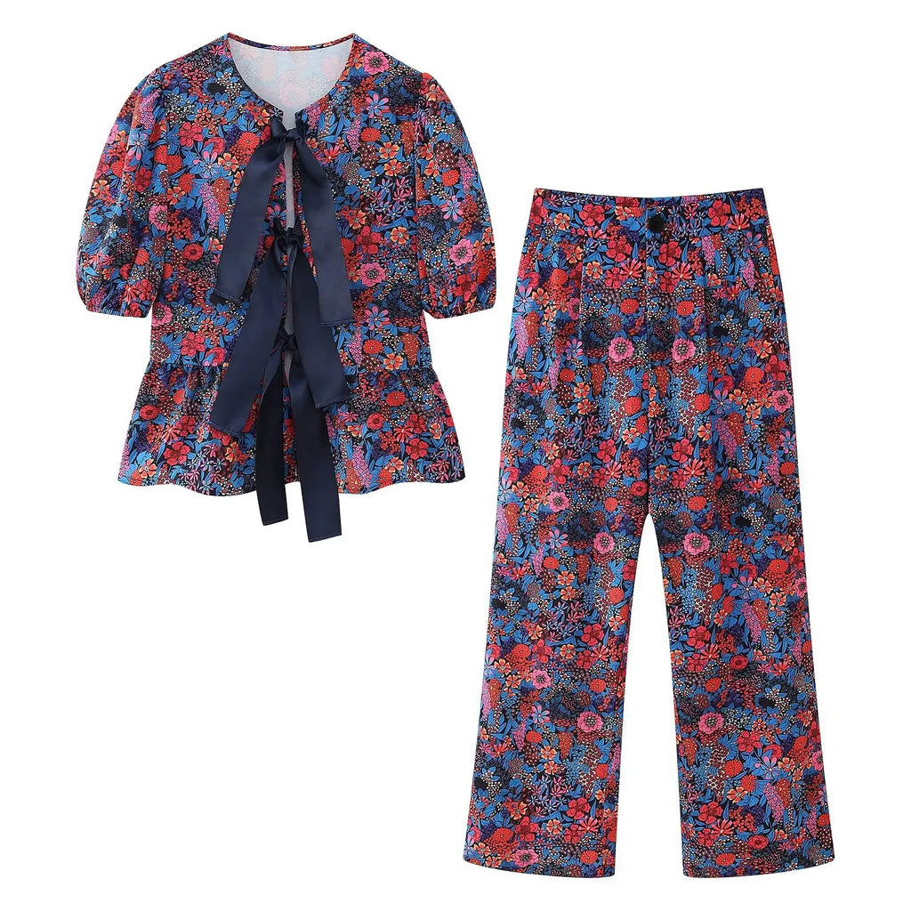 Stylish Women’s Casual Two-Piece Set Featuring O-Neck Bow Tie Top and Button Detail Printed Pants from TELLHONEY.