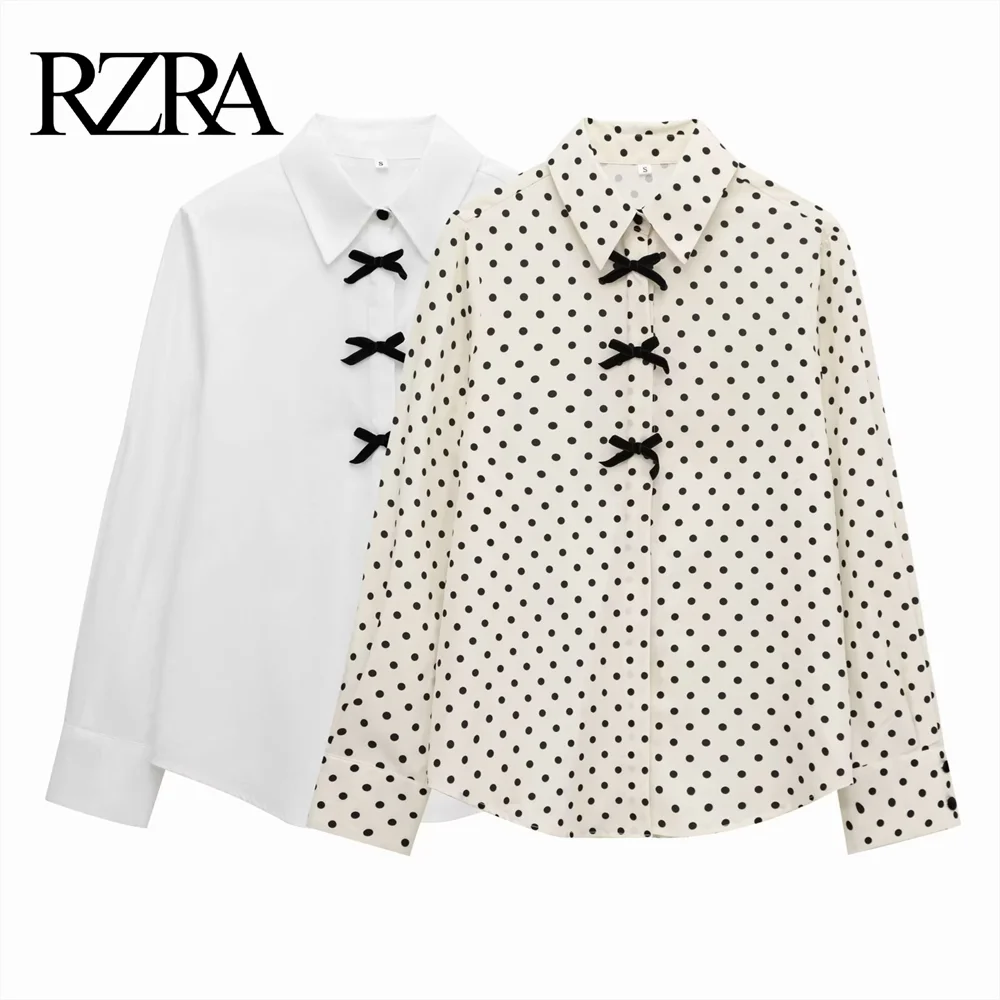 Stylish RZRA Women’s Casual Long Sleeve Shirt with Butterfly Knot and Wave Point Pattern, perfect for versatile outfits.