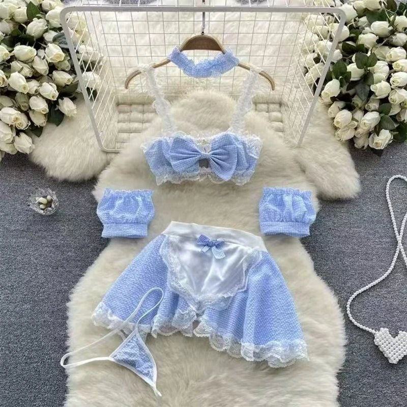 Sexy Maidservant Apron Dress Three Piece Set Lace Trimmed Plaid Cosplay Lingerie Nightwear for Women