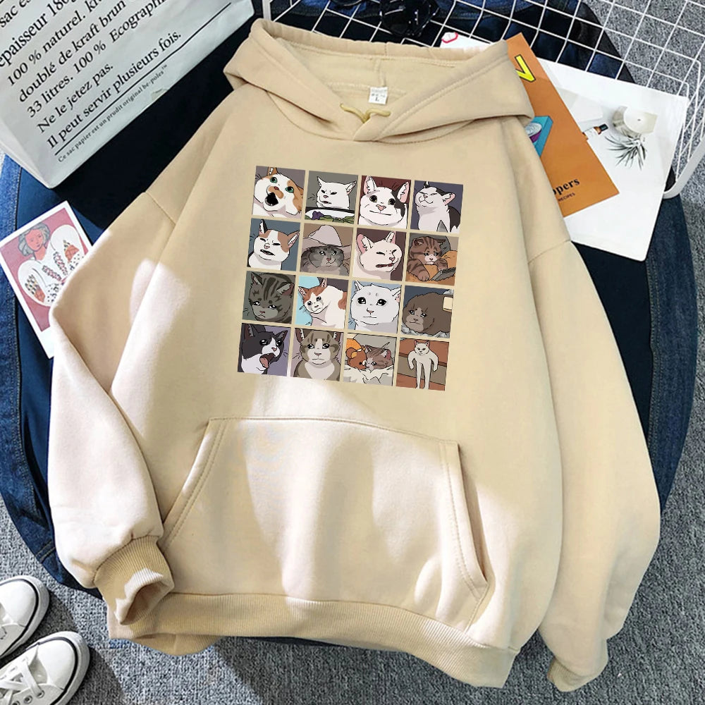 Funny Meme Cat Hoodie Women Oversized Fleece Pullover