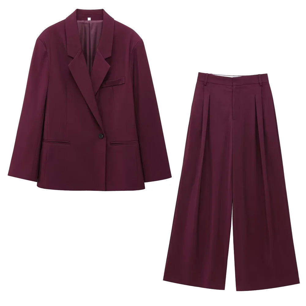 Stylish Women's Double Breasted Loose Collar One Button Suit Jacket and High Waist Strap Pants Casual Spring Suit Set.