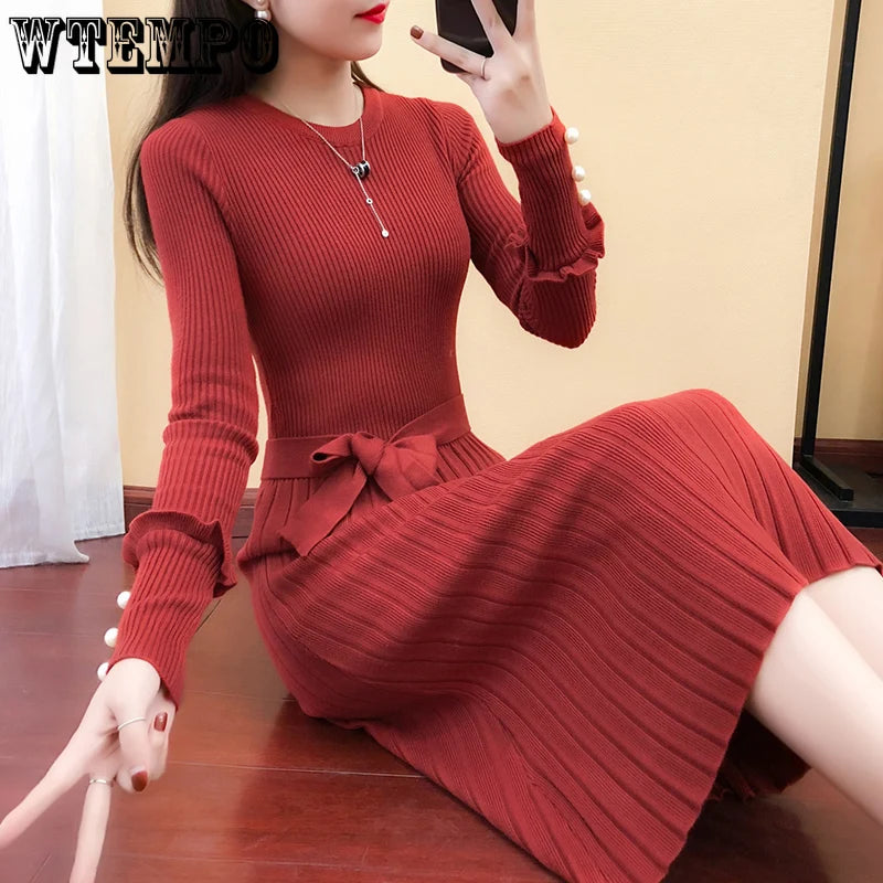 Korean Style Belted Knit Sweater Dress With Long Sleeve