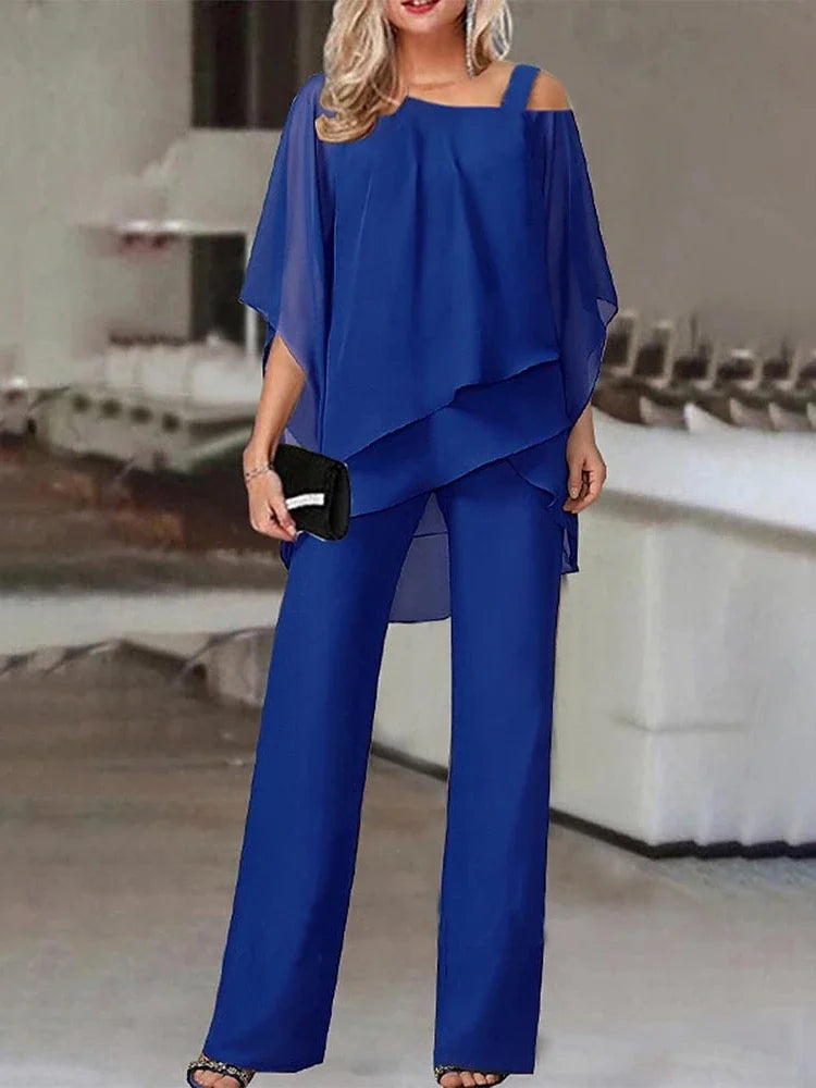 Elevate your style with this Elegant Women's Two Piece Set Featuring Bat Sleeve Off Shoulder Top and Wide Leg Pants.