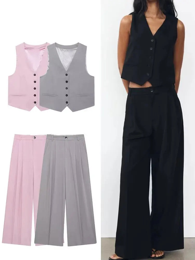 Women's Vest And Pants Set With High Waist Trousers